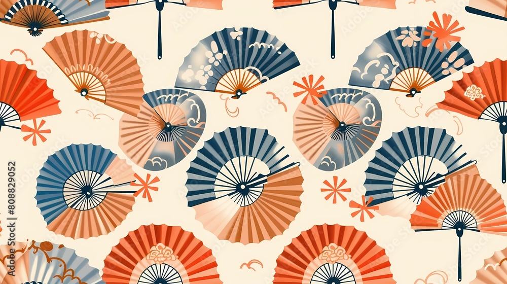 A pattern of traditional Japanese fans in warm tones