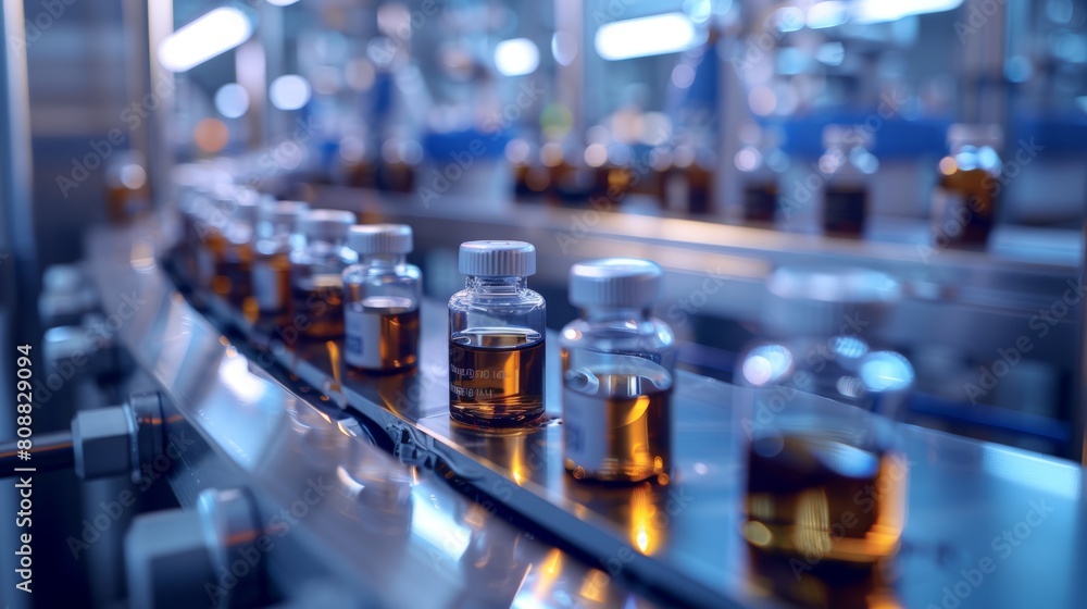 Medical vials on production line at pharmaceutical factory, Pharmaceutical machine working pharmaceutical glass bottles production line, health care, pandemic Medical vials on production line at pharmaceutical factory, Pharmaceutical machine working pharmaceutical glass bottles production line, health care, pandemic