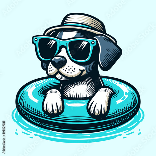 cool dog in swimming ring on summer vacation illustration © Satoru Sketches