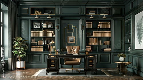 Dark green classic home office with builtin bookshelves  desk and leather chair. Luxury interior design of modern study room in dark blue gray color with golden lamps