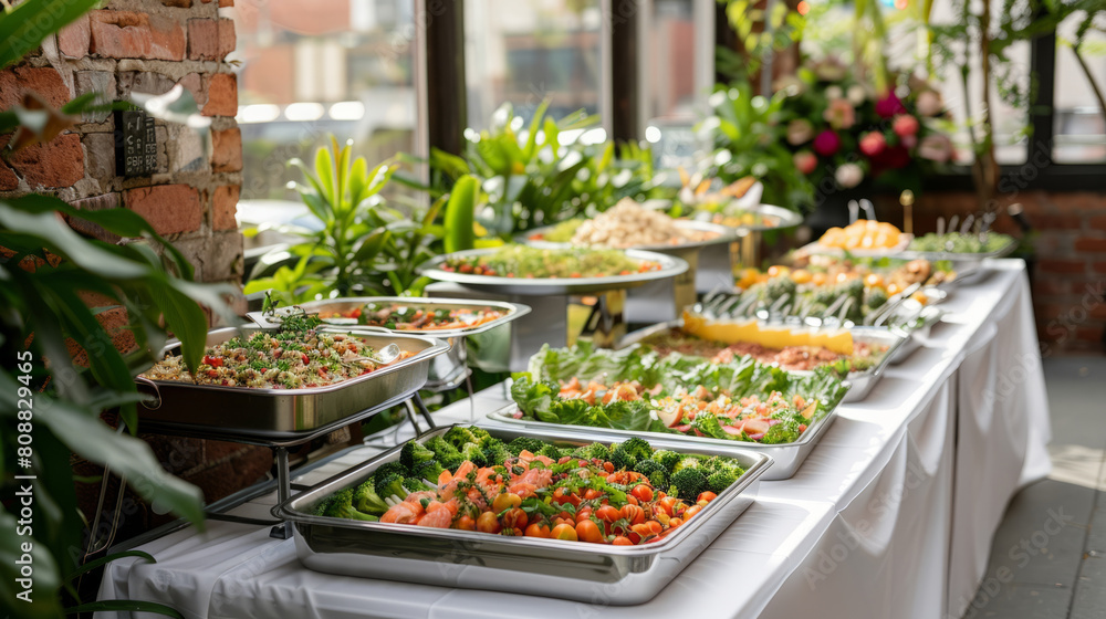 event catering display, buffet display showcasing a variety of dishes on tables draped with white cloth, creating an elegant and inviting setup for a special occasion