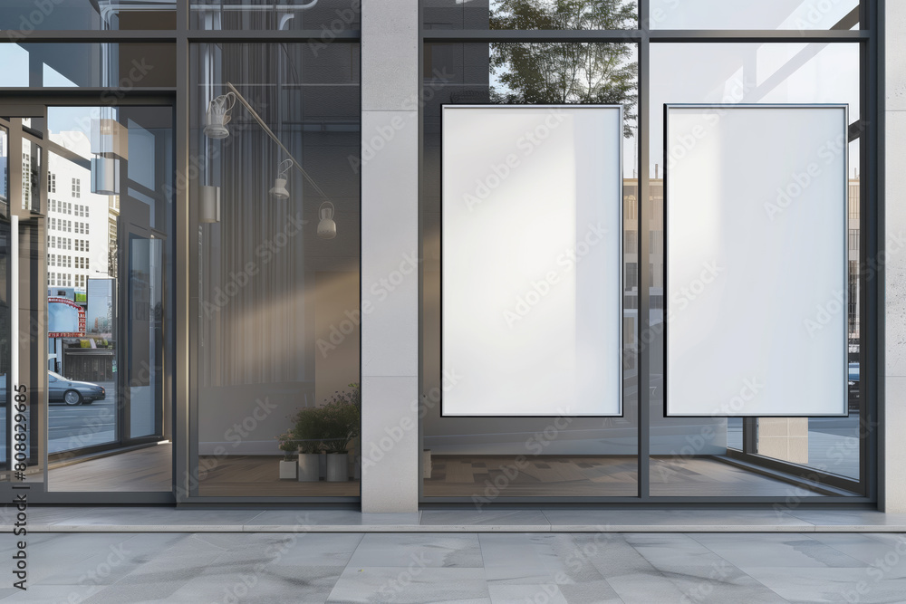 Two empty billboards in an exterior setting on a building facade for mockup advertising, against a city backdrop, Generative AI. Two empty billboards in an exterior setting on a building facade for mockup advertising, against a city backdrop, Generative AI.