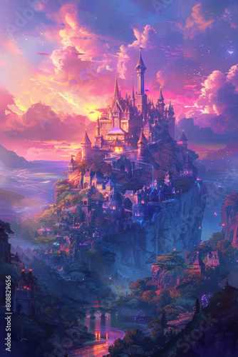 Fantasy illustration depicting a breathtaking castle on a cliff, bathed in the glow of a sunset, with a serene river below. 