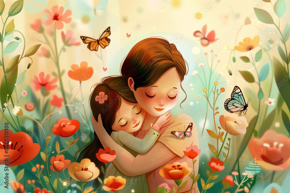 Mother and Daughter Hugging on Floral Background with Butterflies, Mother's Day Illustration Mother and Daughter Hugging on Floral Background with Butterflies, Mother's Day Illustration