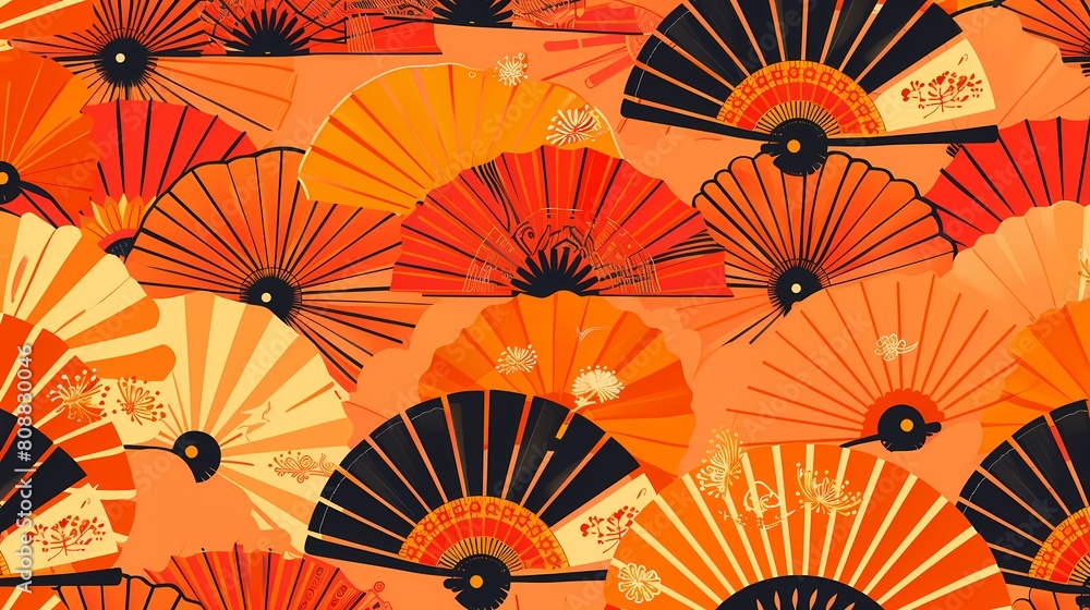 A vibrant array of traditional Japanese fans in warm hues