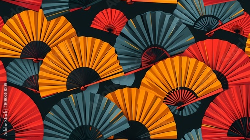 A vibrant array of traditional fans in red blue and yellow hues
