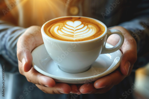 A barista's hands holding and serving coffee with latte art in white cup