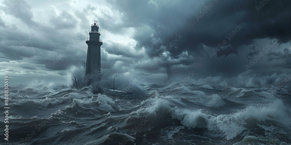 A lighthouse in the sea storm with winds 
