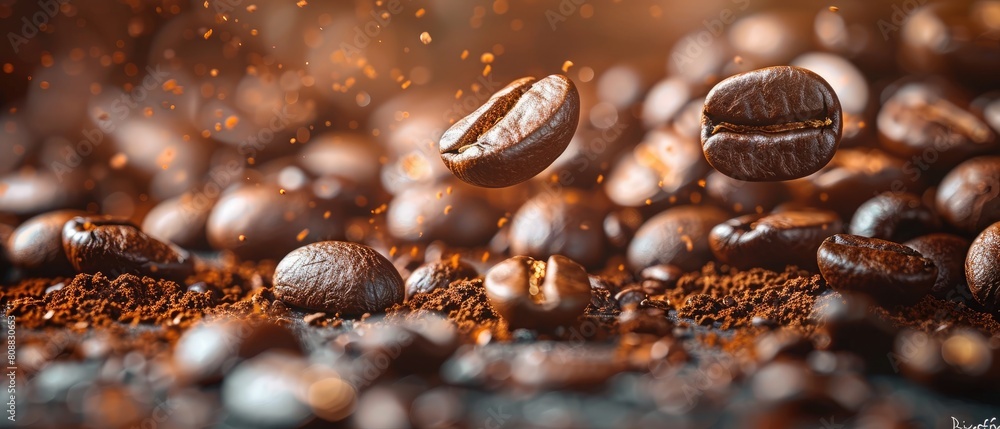 Random Floating Coffee Beans on Solid Brown Background Random Floating Coffee Beans on Solid Brown Background