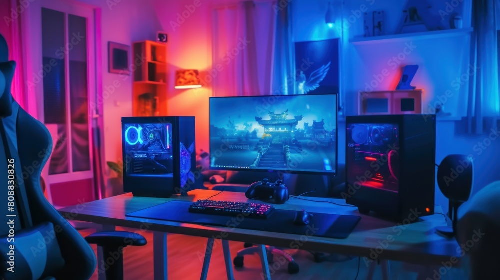 Powerful Personal Computer Gamer Rig with First-Person Shooter Game on Screen. Monitor Stands on the Table at Home. Cozy Room with Modern Design is Lit with Warm and Neon Light Powerful Personal Computer Gamer Rig with First-Person Shooter Game on Screen. Monitor Stands on the Table at Home. Cozy Room with Modern Design is Lit with Warm and Neon Light