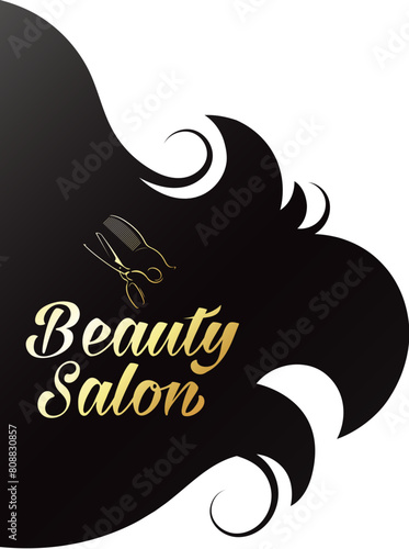 Black curls of hair scissors and comb. Beauty salon symbol