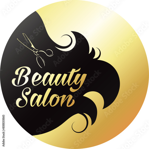 Black curls of hair in a golden circle. Symbol for a beauty salon