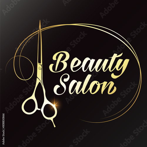 Stylist scissors and a beautiful curl of hair. Beauty salon sign symbol