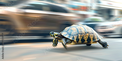 A turtle in the big city of road
