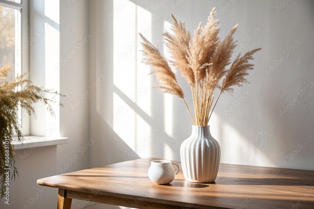 A modern white ceramic vase with dried grass on a wooden table. Scandinavian interior. An empty white wall with a shadow from the window.