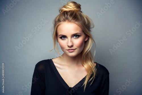 pretty young blonde woman with tied hair wearing a black v-neck sweatshirt