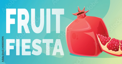 Vector cartoon horizontal summer banner. Ripe bright pomegranate and text Fruit Fiesta.