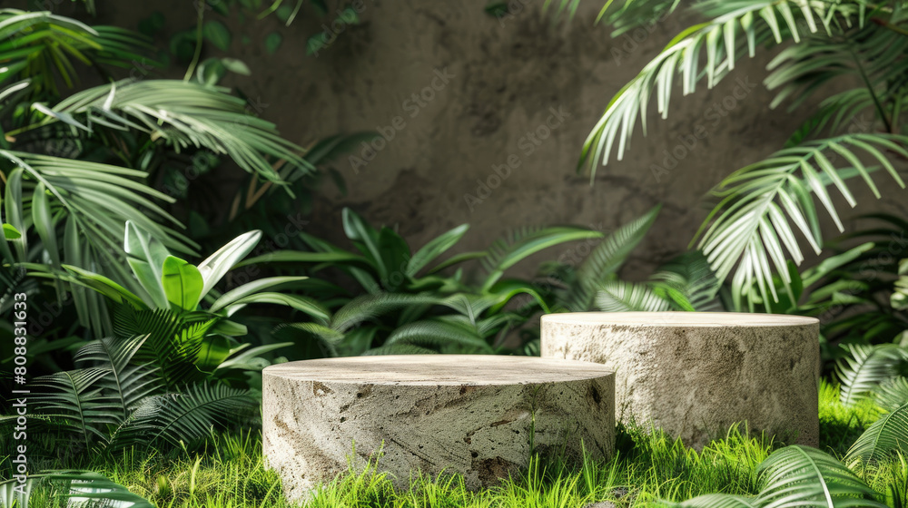 presentation template product mockup stone rock circle podium with two stone pedestals with natural environment of tropical leaves and green grass presentation template product mockup stone rock circle podium with two stone pedestals with natural environment of tropical leaves and green grass