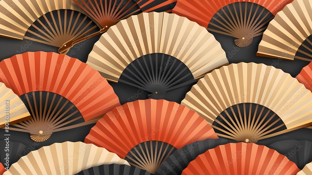 Elegant array of traditional folding fans in warm hues Elegant array of traditional folding fans in warm hues