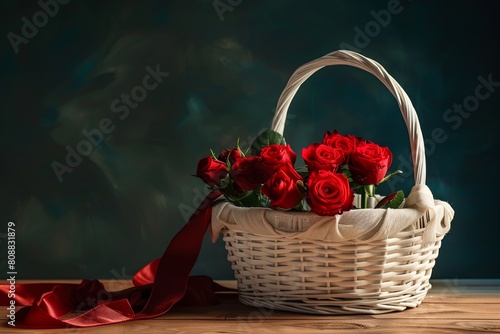 A white wicker basket adorned with roses banner