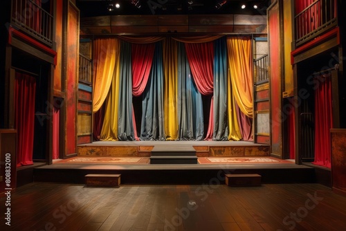 A theatrical stage set for a modern Shakespeare play, featuring audacious colors and exaggerated props