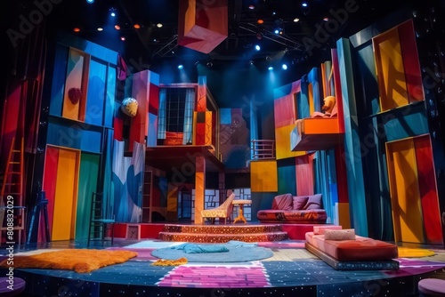 A theatrical stage set for a modern Shakespeare play, featuring audacious colors and exaggerated props © DK_2020