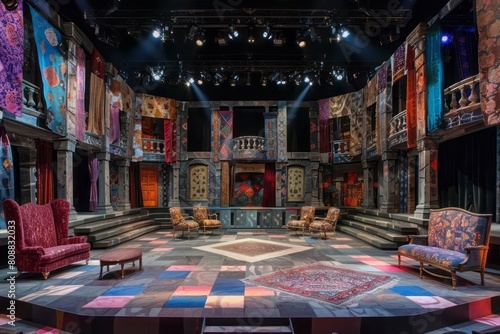 A theatrical stage set for a modern Shakespeare play, featuring audacious colors and exaggerated props photo