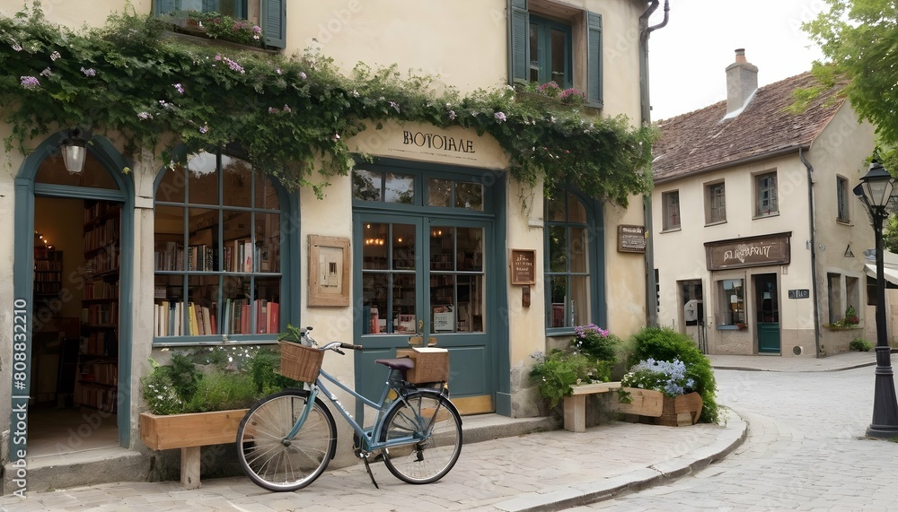 A bicycle parked outside a quaint bookstore in a c upscaled 3