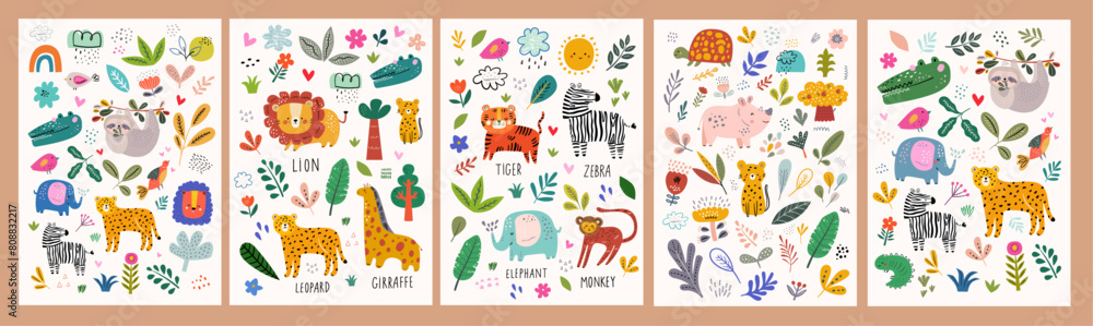 Obraz premium Baby posters and cards with animals and flowers pattern. Vector illustrations with cute animals. Nursery baby illustrations.