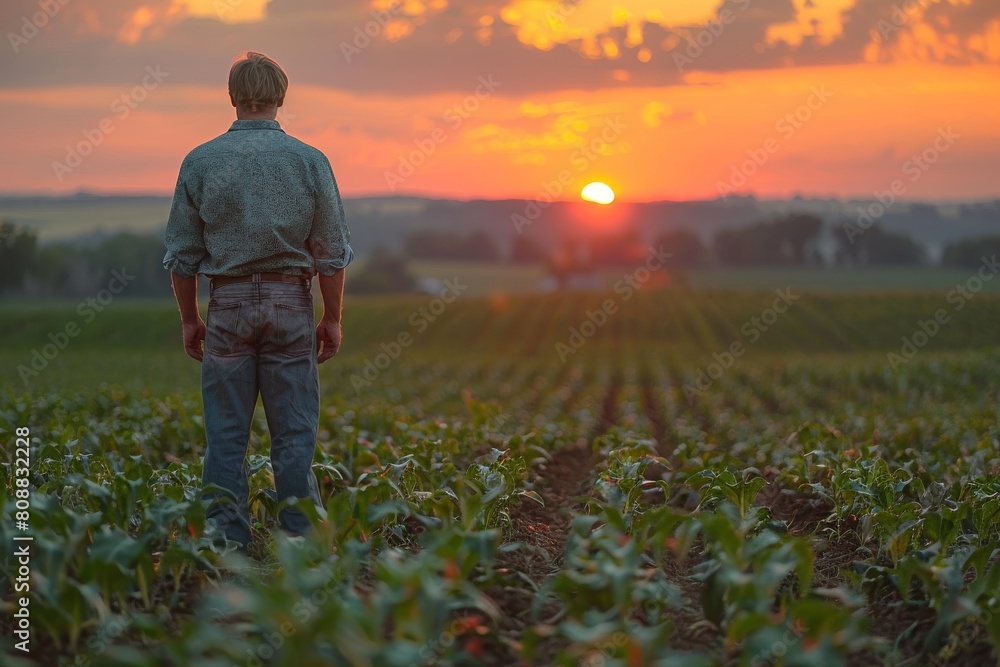 A tranquil image capturing a man from behind as he contemplates a serene sunset above lush agricultural fields The warm sky hues contrast with the cool greens of the crops A tranquil image capturing a man from behind as he contemplates a serene sunset above lush agricultural fields The warm sky hues contrast with the cool greens of the crops