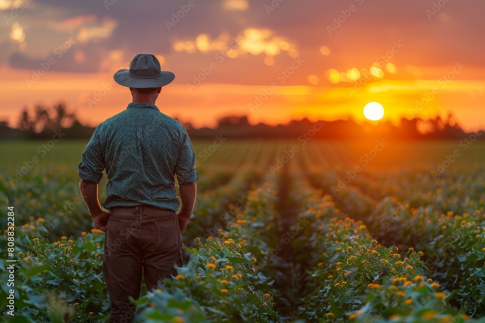 A focused farmer in casual work attire admiring the sunflower field under the warm hues of a setting sun A focused farmer in casual work attire admiring the sunflower field under the warm hues of a setting sun