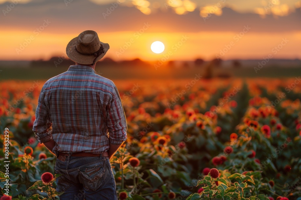 A farmer in a straw hat stands admiring the sunset in a vibrant sunflower field, evoking a sense of peace and end of a hardworking day A farmer in a straw hat stands admiring the sunset in a vibrant sunflower field, evoking a sense of peace and end of a hardworking day