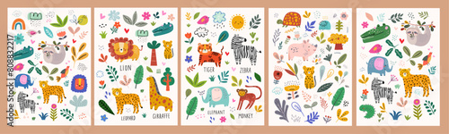 Baby posters and cards with animals and flowers pattern. Vector illustrations with cute animals. Nursery baby illustrations. © moleskostudio
