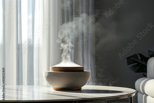 A modern air humidifier encased in concrete with stylish wooden elements, standing on a sleek table, the subtle mist emanating from it filling the air