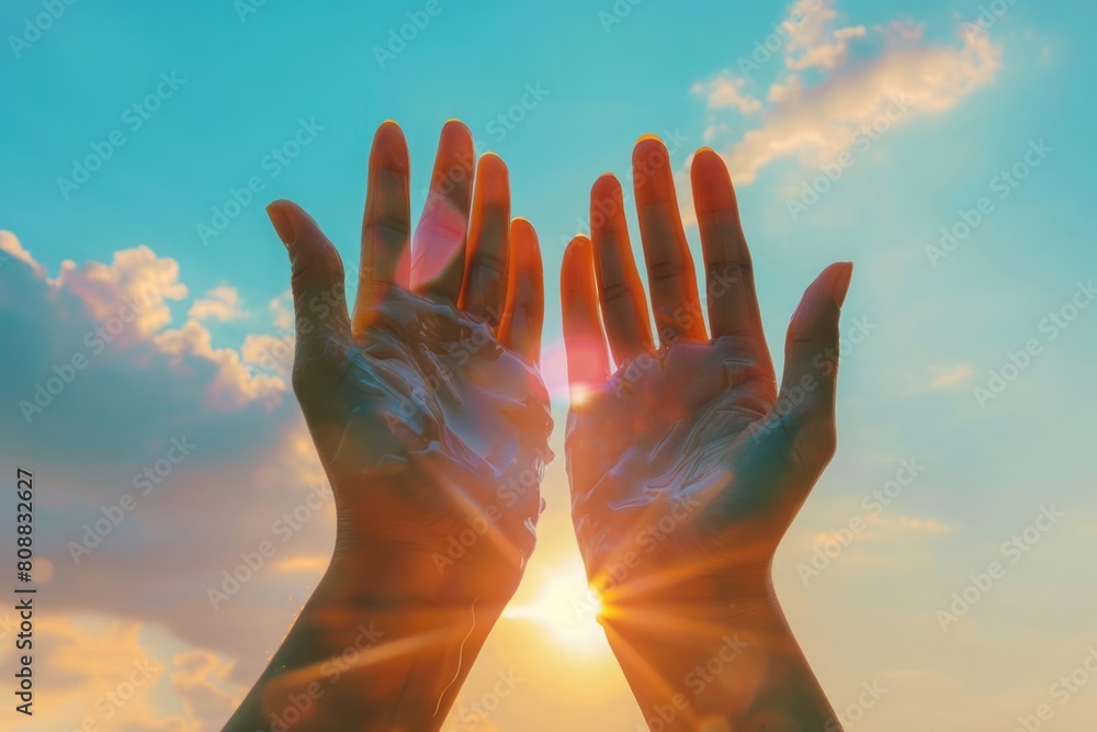A woman hands spreading sunscreen, with the sky transitioning from blue to sunset hues, suggesting all-day skin protection