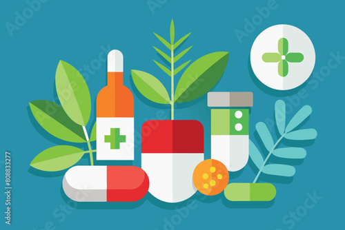The concept of natural medicines on the background of green leaves of various plants. homeopathy