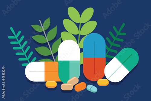 The concept of natural medicines on the background of green leaves of various plants. homeopathy