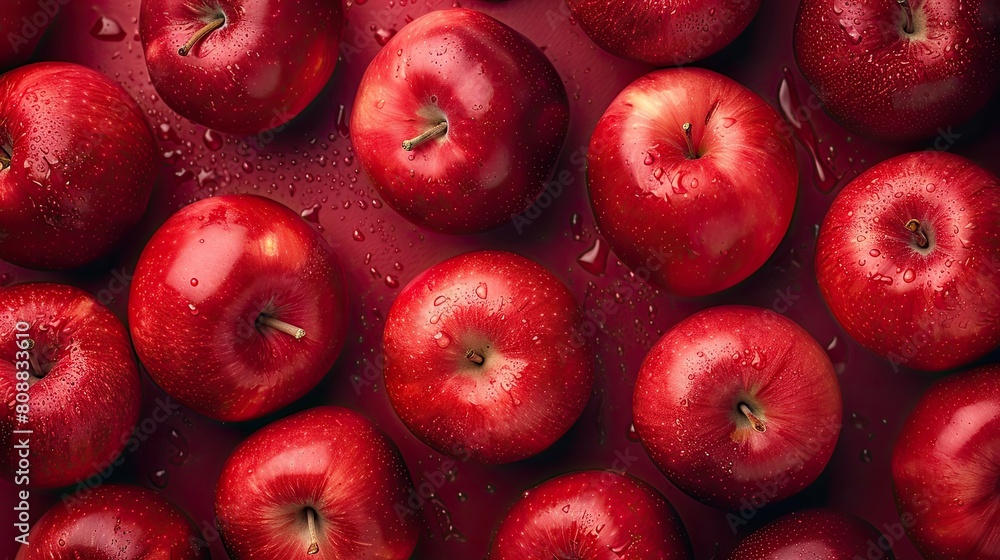 Red apples placed randomly on red background full of freshness Red apples placed randomly on red background full of freshness