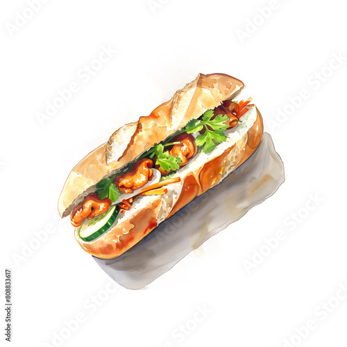 Watercolor illustration of a bahn mi sandwich with Vietnamese chicken and lots of crunchy vegetables on a white background.