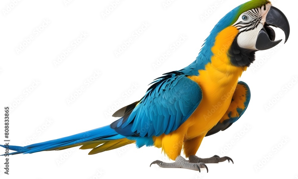 A colorful blue and yellow macaw parrot perched on a surface, with its wings partially spread and its beak open