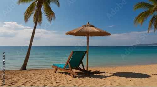 Seat under a palm leaf parasol stand on a sandy beach against the background of beautiful blue sea.  © Maryna Andriianova