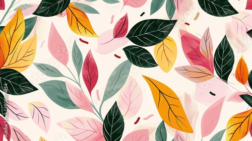 Pretty floral pattern with pink  green  and yellow leaves that overlap. Abstract leaf design  vector illustration background for textiles or prints.