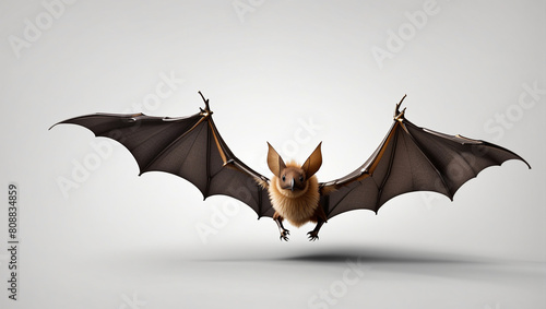 A brown bat is flying with its wings