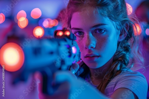 A young girl focused on aiming a toy gun with vibrant neon background lighting creating a sci-fi ambiance photo