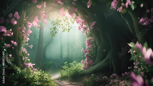 Fantasy beautiful landscape, forest frame with magic portal. Parallel world or kingdom with blooming flowers