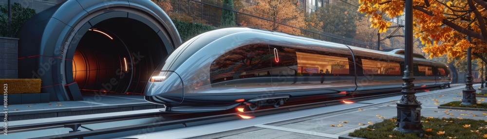 A conceptual hyperloop train exiting a tunnel, its design sleek and streamlined, demonstrating cuttingedge magnetic propulsion technology