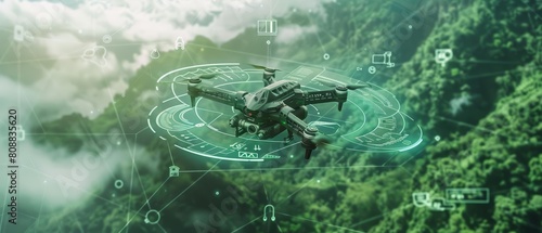 Ecologists map climate resilience using drones, an innovative blend of technology and environmental science HUD icon of a drone in pastel color, Closeup cinematic Sharpen photo