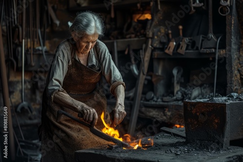 Blacksmith old woman work forge. Worker workshop. Generate Ai