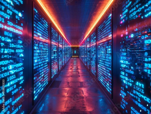 A corridor in a cyber defense facility with walls displaying realtime hacking attempts and defenses, pulsing with light