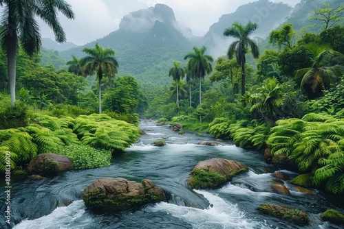 Scenic river calmly flowing through a lush tropical rainforest with towering palm trees and ferns